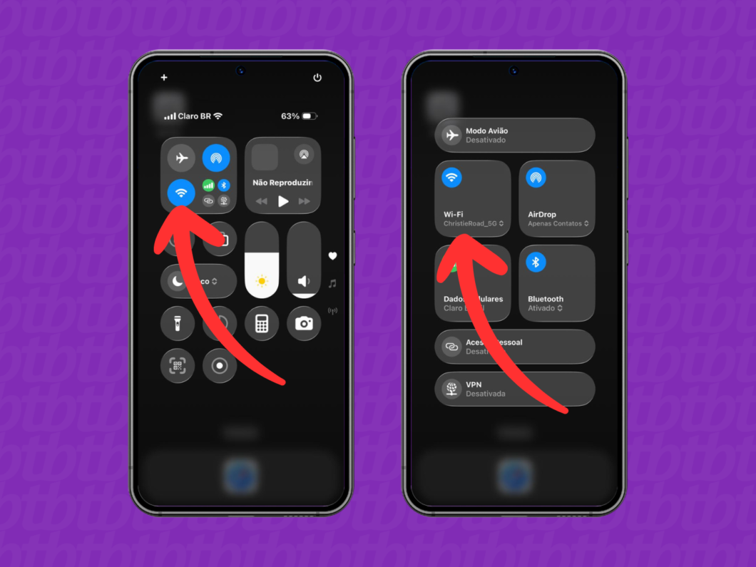 Abrindo a Central de Controle do iPhone para verificar a conexão na mesma rede Wi‑Fi