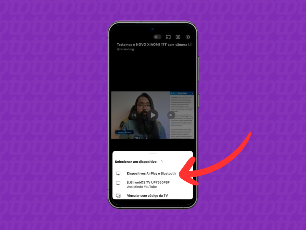 Selecionar o menu “Dispositivos AirPlay e Bluetooth” para escolher a TV para espelhamento no iPhone