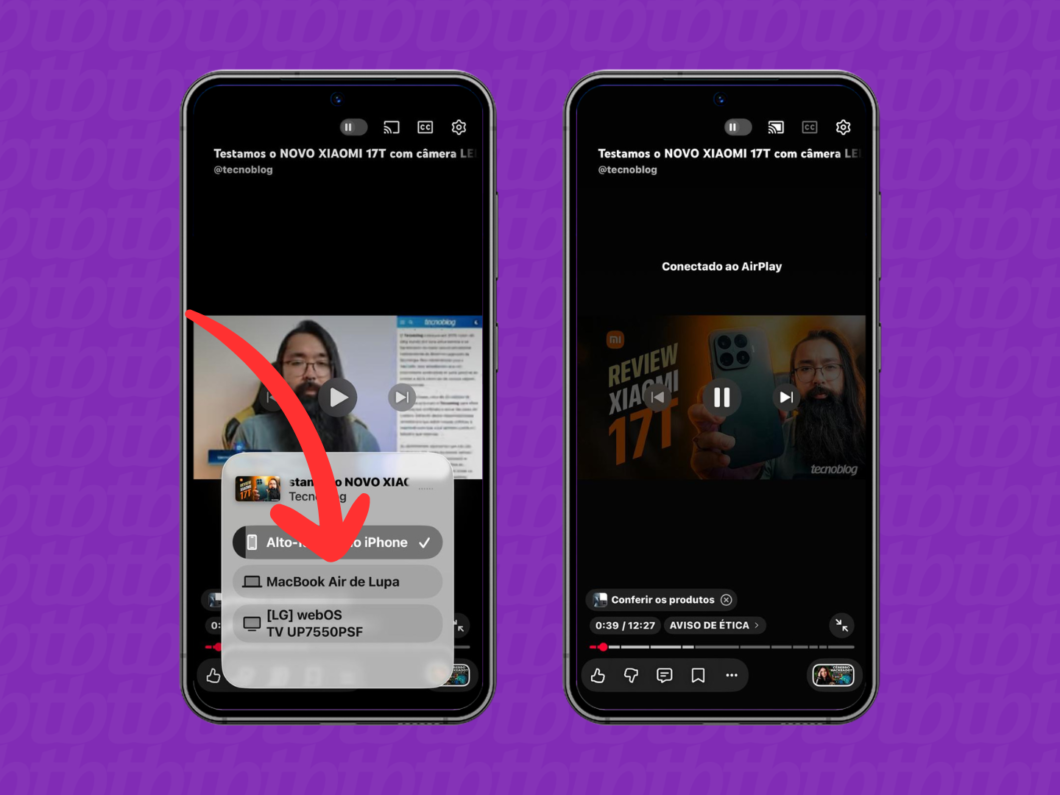 Selecionando a smart TV ou computador Mac para a transmissão do vídeo do iPhone (AirPlay)