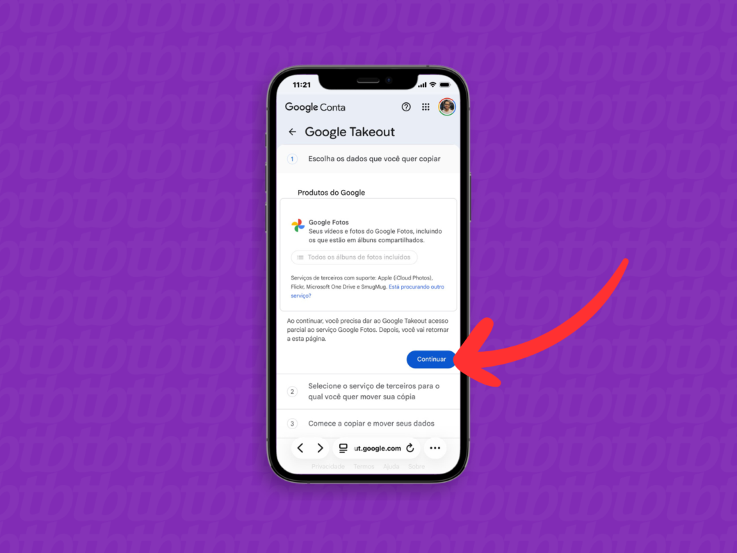 Tela do Google Takeout iniciando a configuração para migrar o Google Fotos para o iCloud