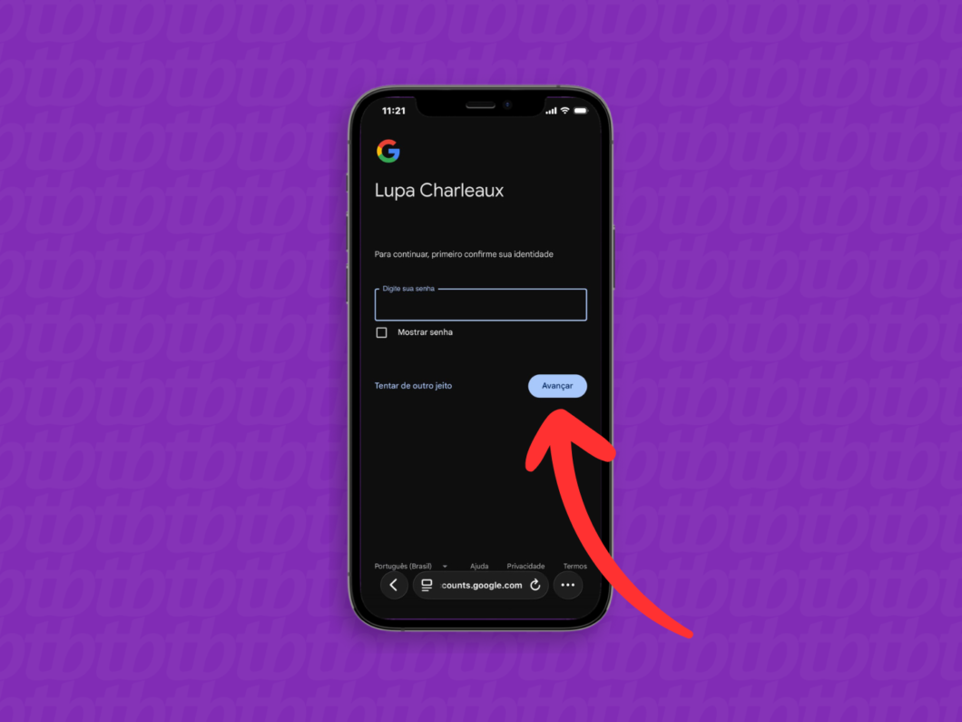 Tela do Google Takeout para fazer login na Conta Google de origem e inserir a senha antes de continuar