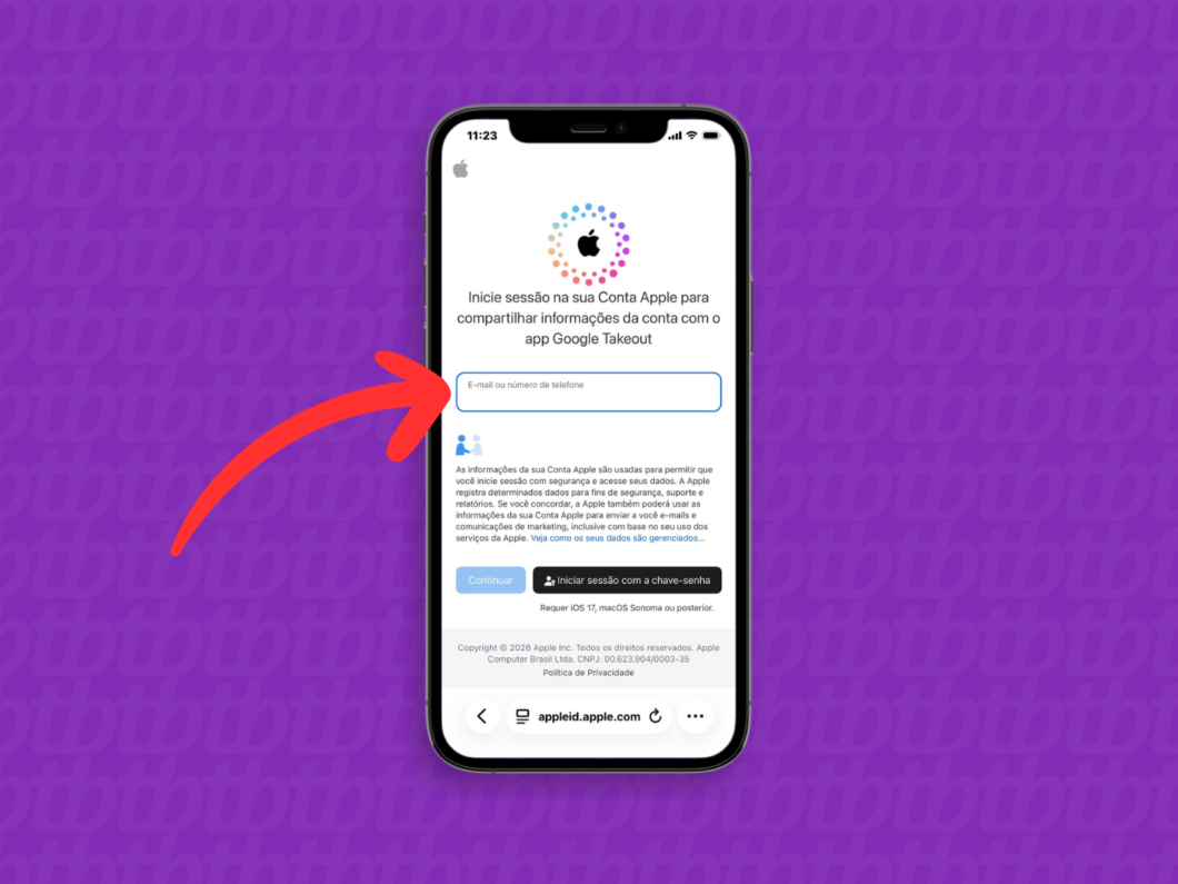 Tela do iPhone mostrando “Inicie sessão na sua Conta Apple” com campo para e-mail ou número de telefone para compartilhar com o Google Takeout