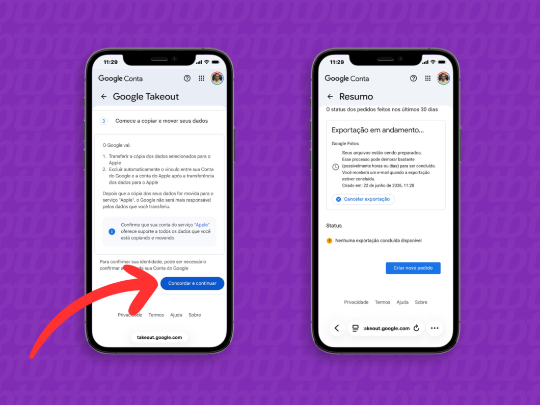 Etapas no Google Takeout: tocar em “Concordar e continuar” para iniciar a migração do Google Fotos ao iCloud
