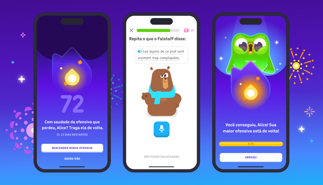 Três capturas de tela do Duolingo exibem a opção de recuperar ofensiva perdida