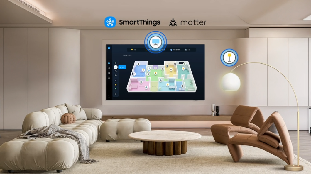 Smart TV Samsung Crystal UHD U8500F de 70" mostrando recursos do SmartThings na sala de casa
