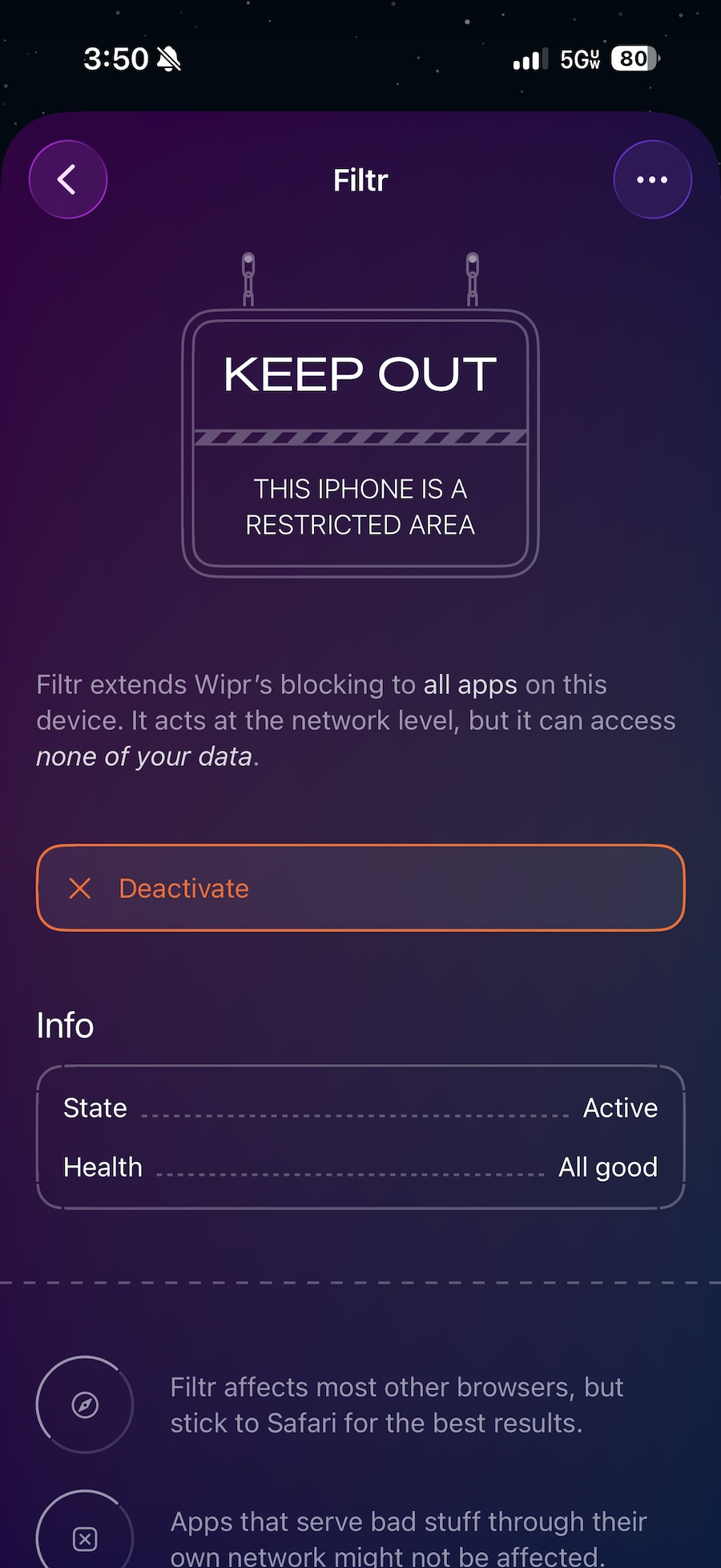 a screenshot of the Wipr app on iOS, showing the Filtr add-on, showing that it's activated and currently running.