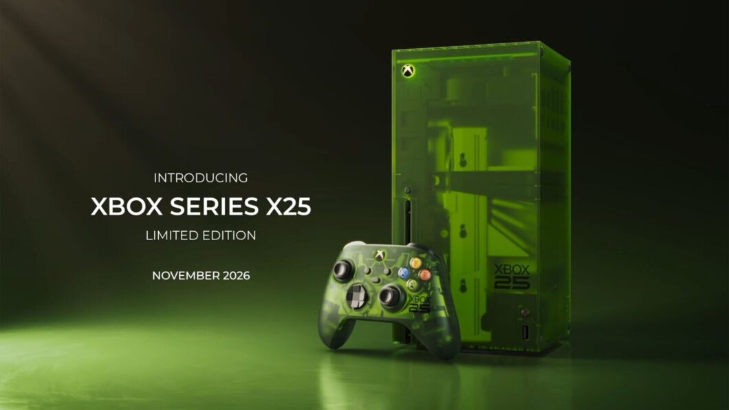 Imagem mostra o Xbox Series X25 Edição Especial, com console e controle com carcaça verde translúcida