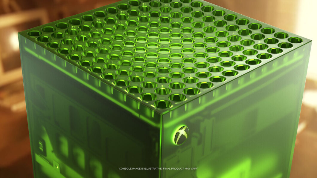 Carcaça semitransparente verde do Xbox Series X25, com o interior do console à mostra 