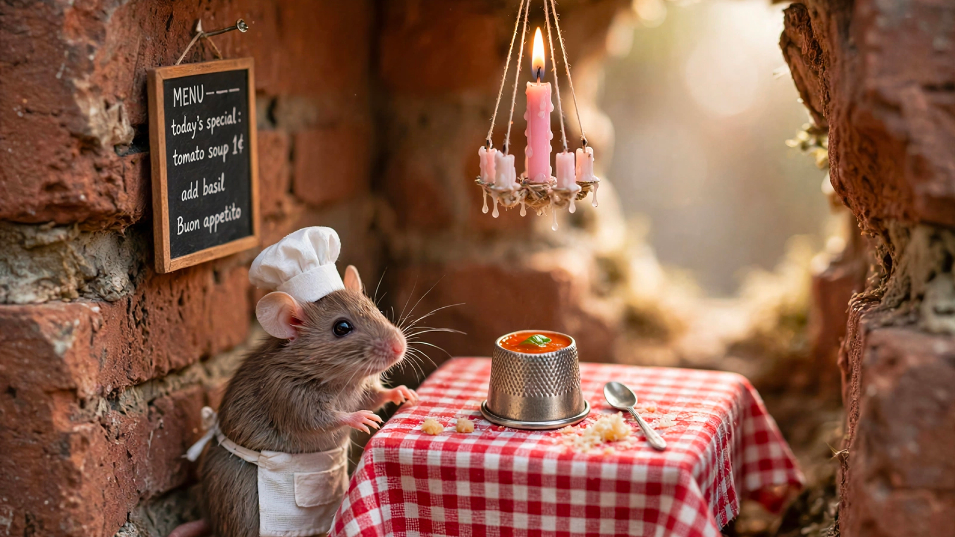 Rato de avental em uma “cozinha” com mesa posta, velas penduradas e placa de menu, em imagem de divulgação do Muse Image