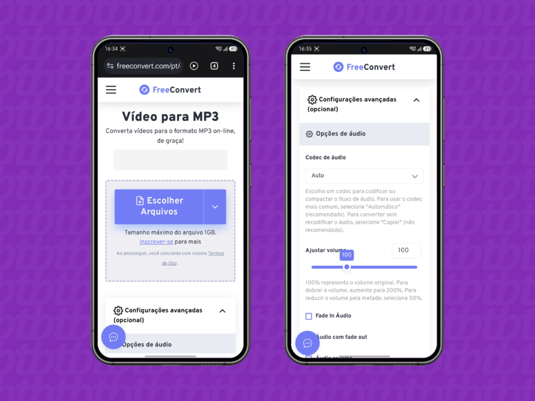 FreeConvert: tela do conversor de vídeo para MP3 com configurações avançadas de áudio no celular e no navegador