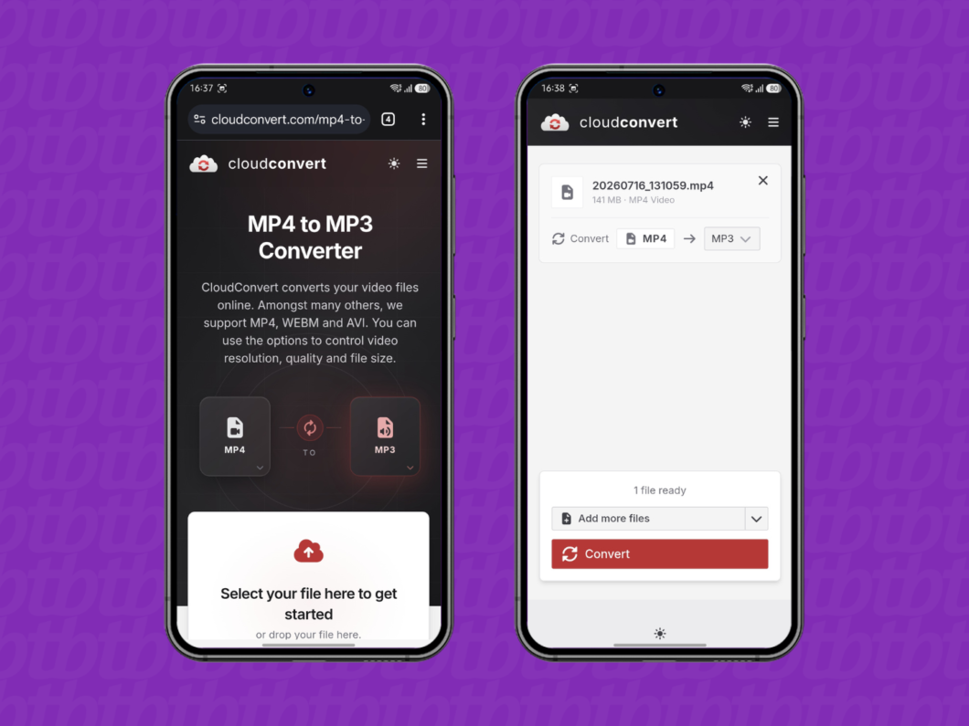 Telas mostrando o CloudConvert convertendo arquivo MP4 para MP3 via navegador, com botão “Convert” e opção de seleção de formato