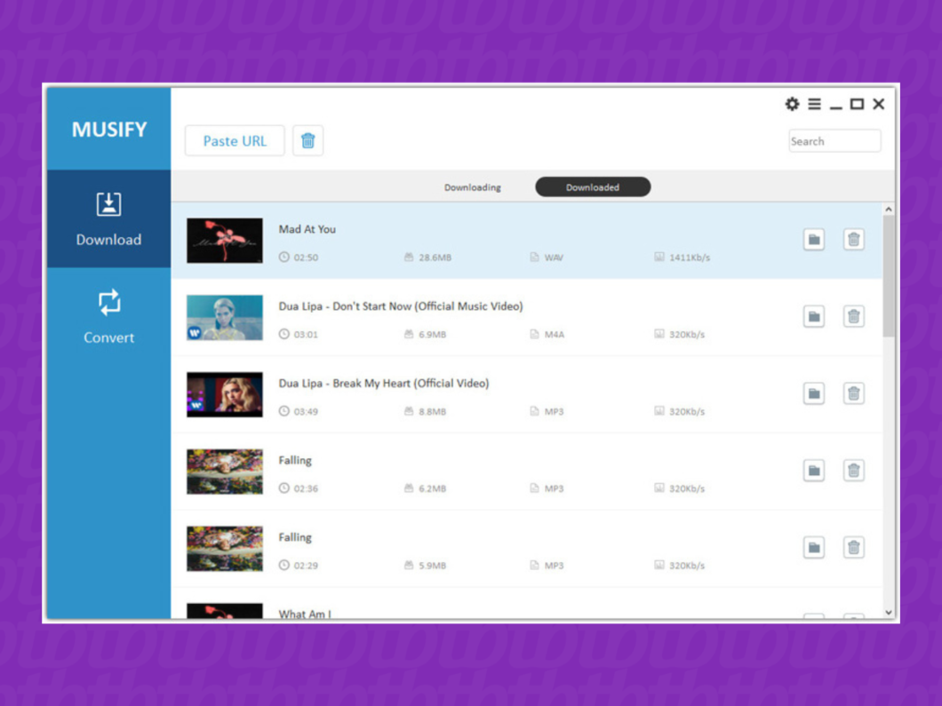 Tela do Musify (iTubeGo) mostrando lista de downloads e opção para converter vídeo em áudio