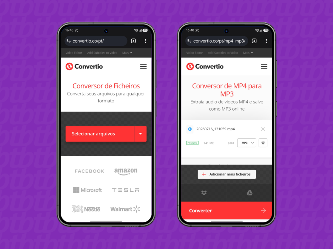 Tela do Convertio mostrando conversão de MP4 para MP3