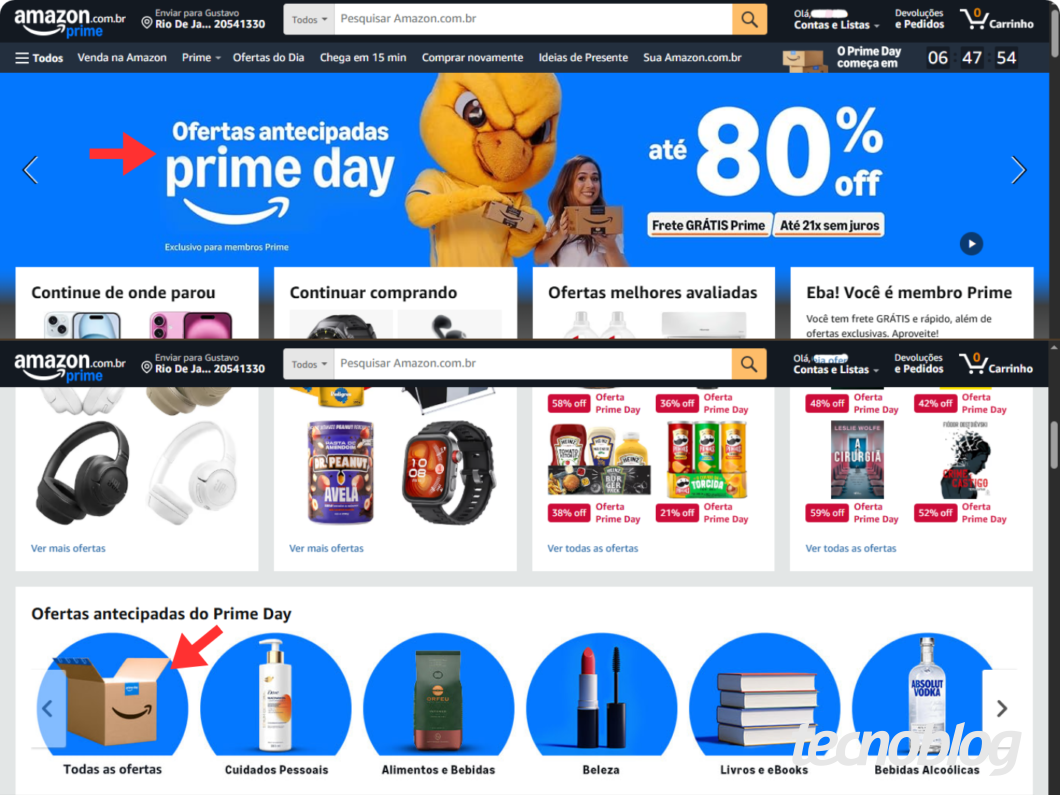 Banner do Prime Day com “até 80% off”, oferta de frete grátis e cupons de parcelamento, indicando promoções da Amazon