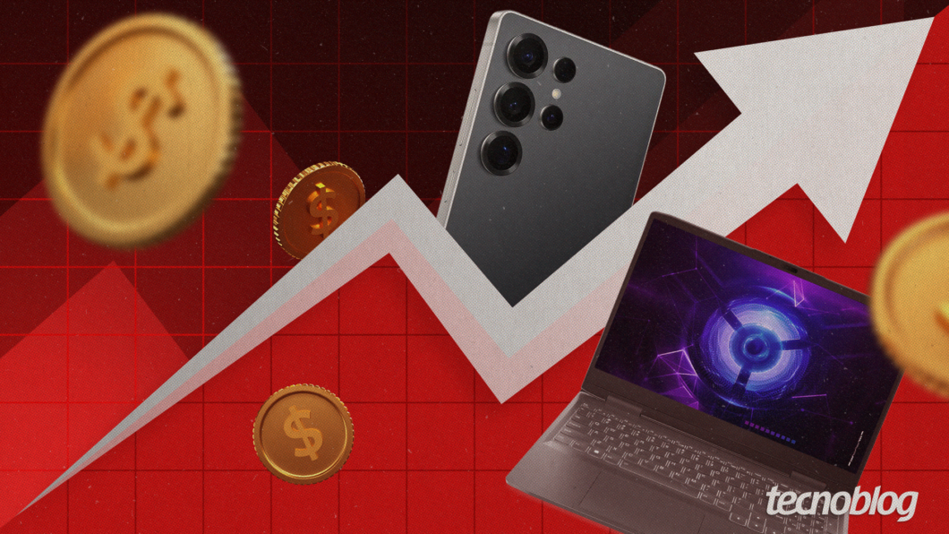 Ilustração que mostra um celular e um notebook ao lado de uma moeda para representar um aumento de preços desses produtos