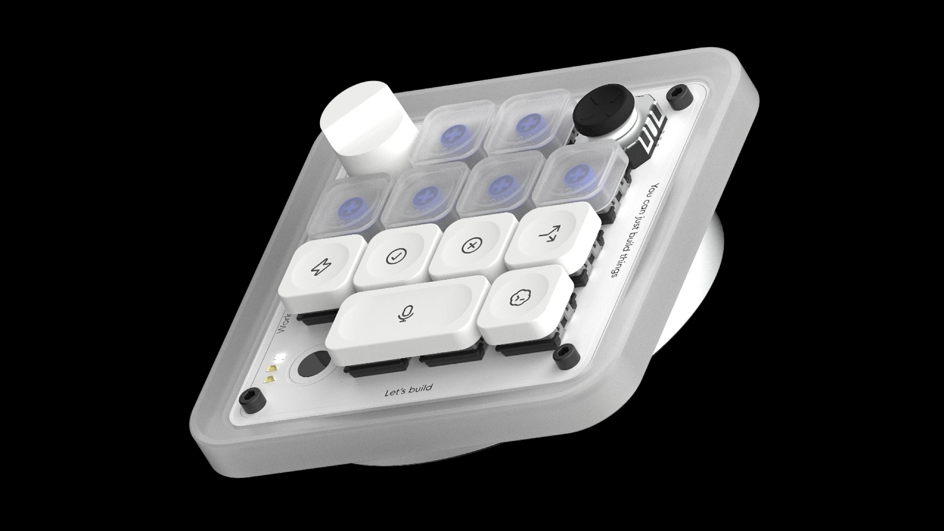 Imagem mostra o teclado Codex Micro, da OpenAI. Produto tem teclas mecânicas na cor branca. O fundo da imagem é preto.