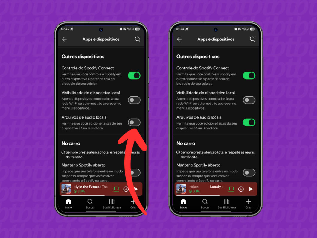 Ativando a opção “Arquivos de áudio locais” no Spotify (Apps e dispositivos)