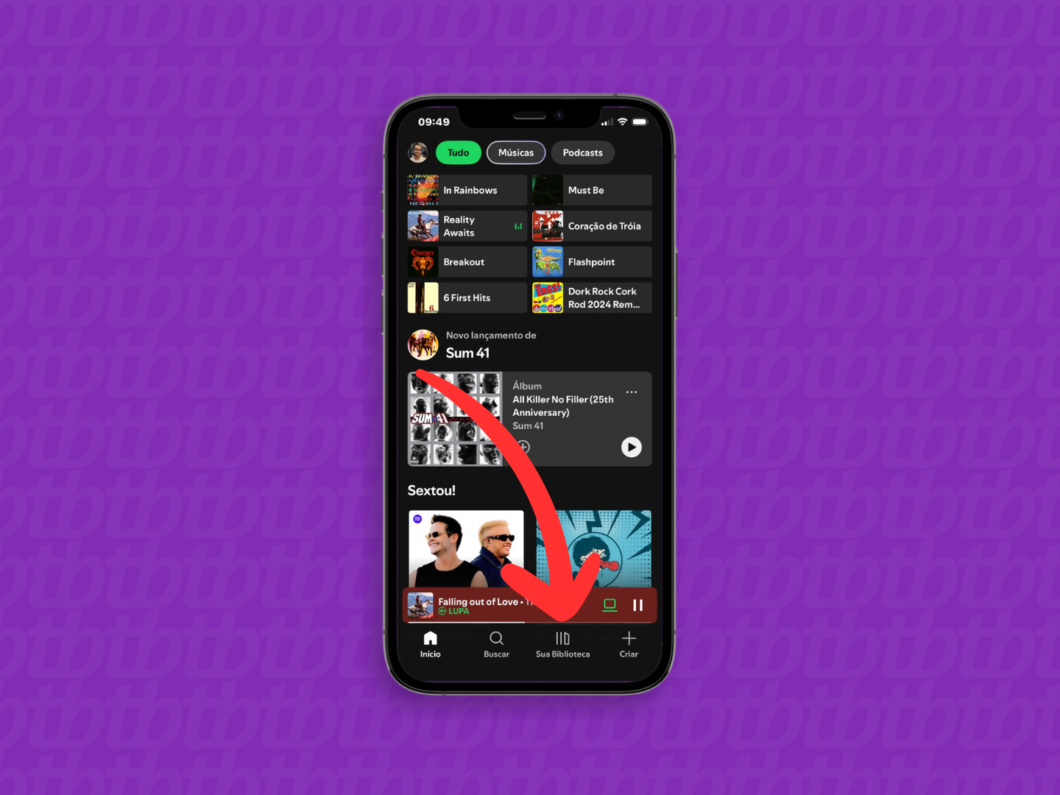 Tela do iPhone no Spotify com a aba “Sua biblioteca” selecionada (canto inferior)