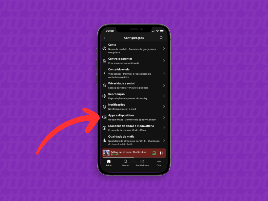 Selecionando o menu "Apps e dispositivos" nas Configurações do Spotify