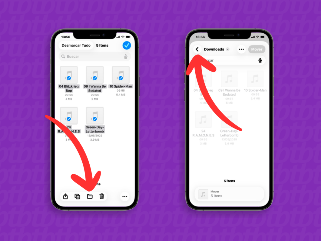 Retornando à pasta “No Meu iPhone” no app Arquivos do iOS, com os arquivos selecionados para voltar à origem