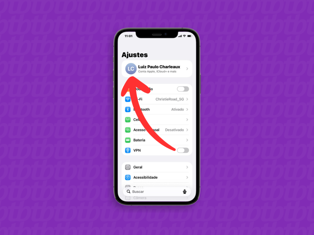 Tela do app Ajustes com o ID Apple selecionado (Lupa Charleaux/Tecnoblog)