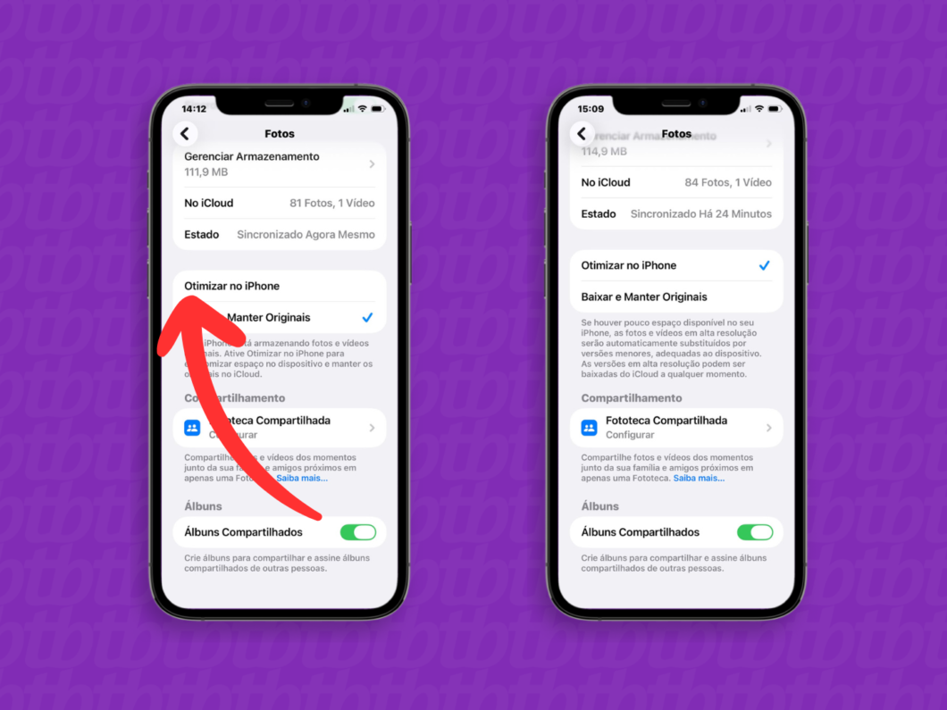 Ativando o recurso “Otimizar no iPhone” nas configurações do iCloud Fotos para liberar espaço no aparelho
