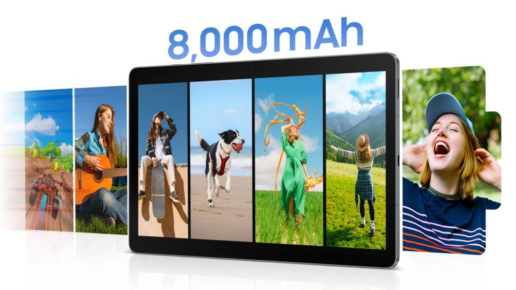 Tablet Samsung Galaxy Tab S10 Lite mostrando capacidade de reprodução com bateria de 8.000 mAh (até 16 horas)