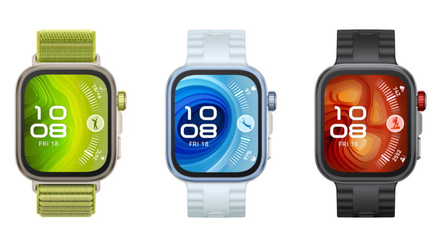 Huawei Watch Fit 4 Pro em três cores, exibindo a tela com dia e hora para monitoramento