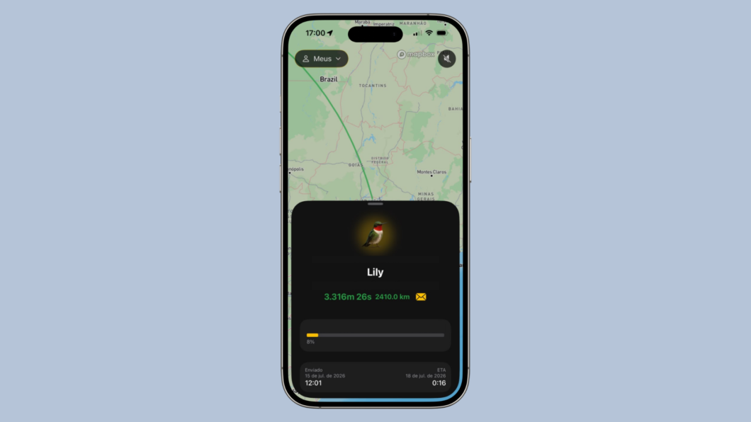 captura de tela do app Roost mostrando a distância percorrida por uma ave