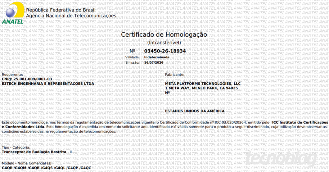 Certificado de homologação dos Meta Glasses de 3ª geração