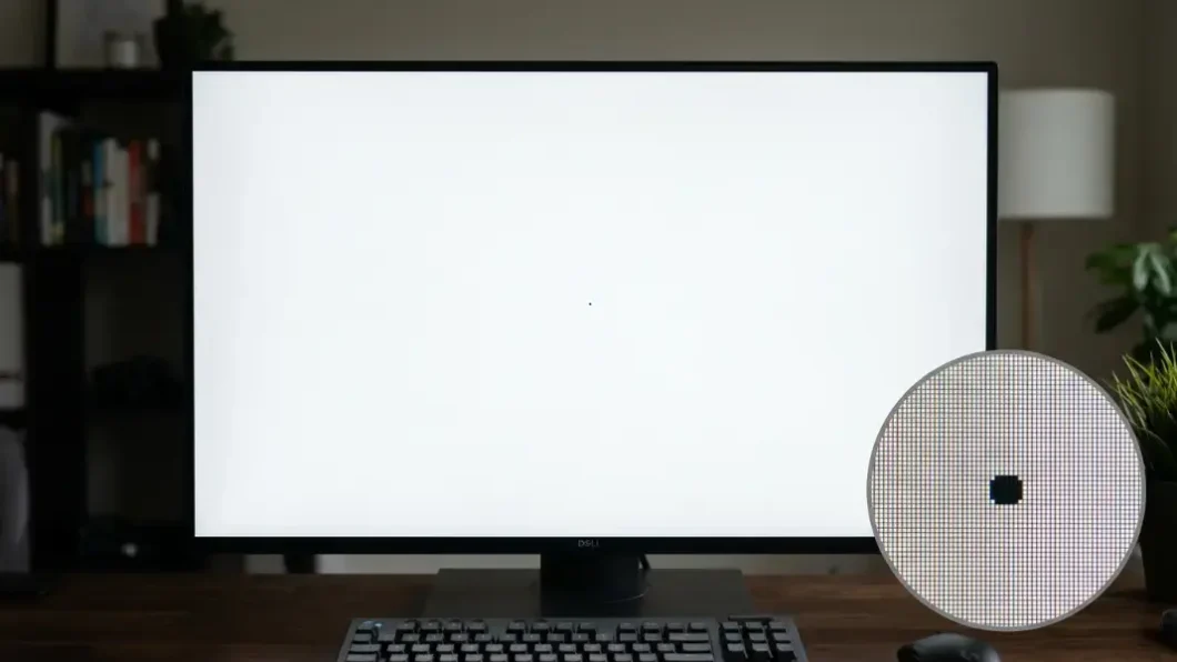 Painel exibindo cores claras com ponto preto estático que indica pixel morto (imagem: Reprodução)
