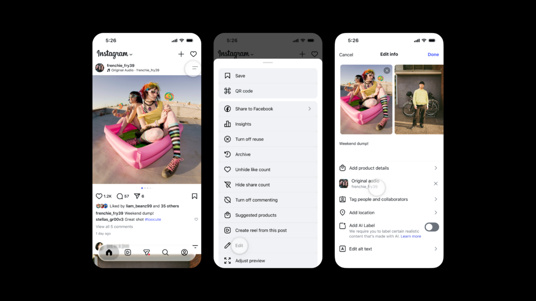 Três telas de smartphone mostram a interface do aplicativo Instagram sobre fundo preto. A primeira exibe uma publicação no perfil "frenchie_fry39" com a foto de duas pessoas em uma piscina inflável e a legenda "Weekend dump!". Na segunda tela, um menu suspenso destaca a opção "Edit" com ícone de lápis. A terceira tela exibe a página de edição, com as opções "Add product details", "Original audio frenchie_fry39" com um botão para remover, "Tag people and collaborators" e "Add AI Label".