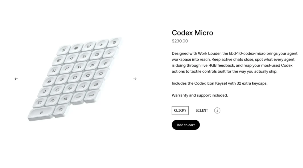Codex Micro, com 32 teclas extras e caixa de ícones do Codex. O fundo da imagem é branco
