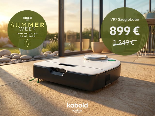 Der VR7 Saugroboter von Thermomix auf dem Boden einer Wohnung mit Aussicht.