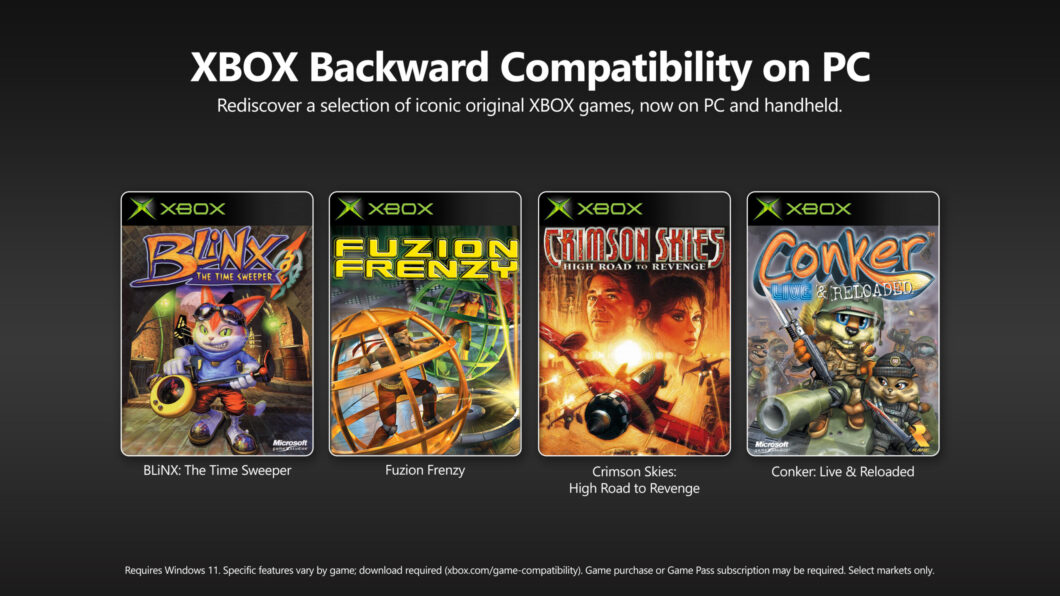 Imagem de divulgação do Xbox Backward Compatibility on PC, com os pôsteres dos jogos Blinx, Fuzion Frenzy, Crimson Skies e Conker 