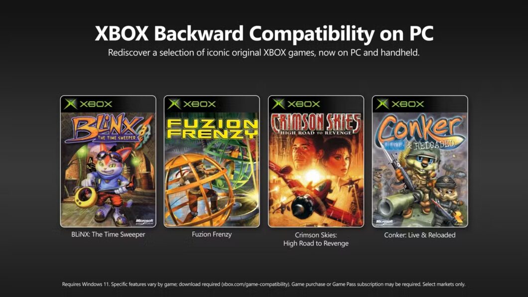 Imagem mostra quatro capas de jogos do Xbox original que chegaram ao PC: Blinx, Fuzion Frenzy, Crimson Skies e Conker Live & Reloaded