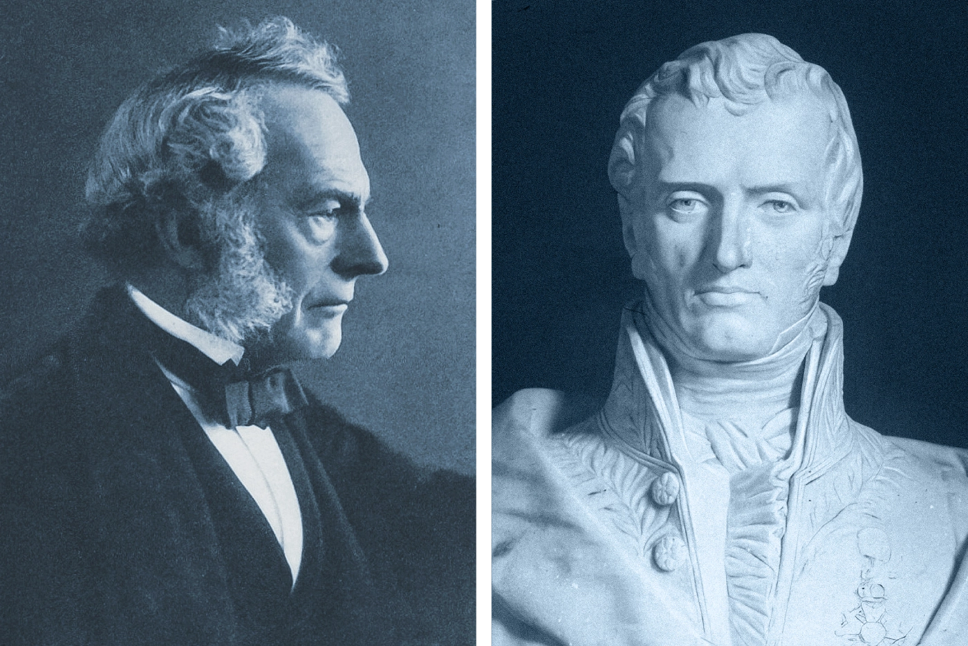 A black-and-white photograph of a man in formalwear with large sideburns, seen in profile, looking serious (left), in a diptych with an image of a white statue of a man, seen straight on, in a coat with a high collar.