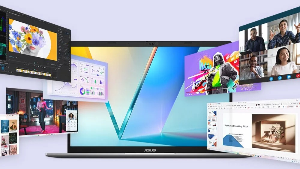 Notebook Asus Vivobook S14 com tela e recursos de uso para trabalho e IA, destacado em anúncio