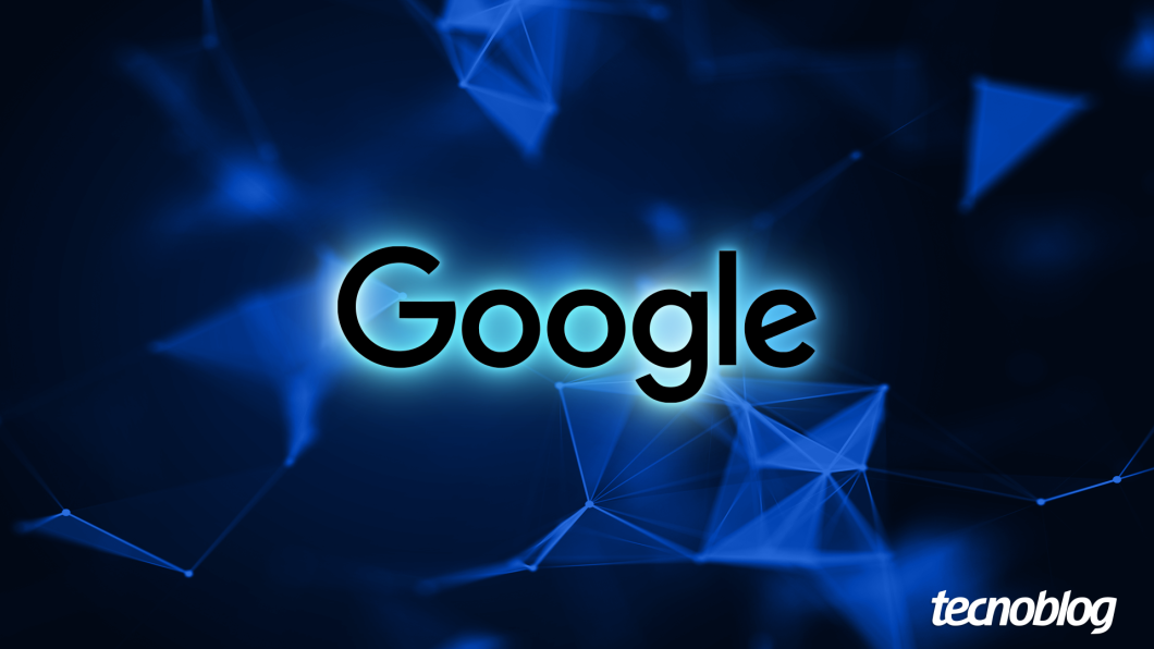 Imagem mostra a palavra "Google", exibida em letras pretas com um brilho azul neon ao redor, centralizada em um fundo azul escuro. O fundo apresenta uma rede de polígonos azuis claros conectados por linhas finas, criando um efeito de tecnologia ou rede digital. Na parte inferior direita, o logotipo do "Tecnoblog" é visível.