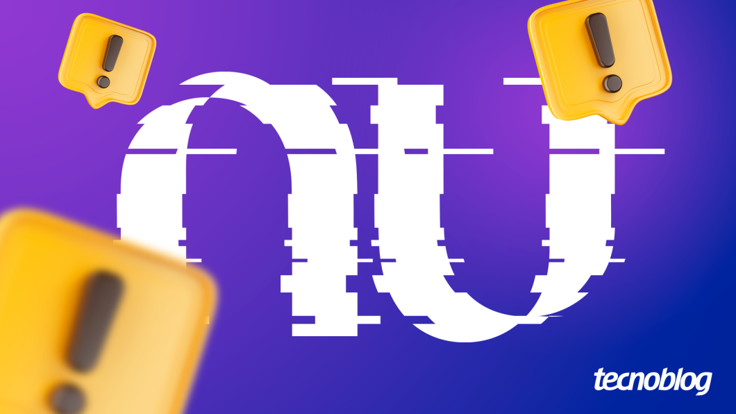 Ilustração com a marca "Nu" cerca por placas de alerta