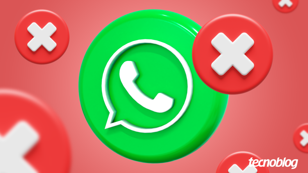 Imagem mostra o logo do WhatsApp ao centro, cercado por círculos vermelhos com um x branco, indicando instabilidade. Na parte inferior direita, o logotipo do "tecnoblog" é visível.