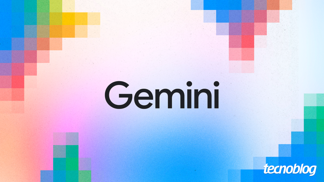 Imagem mostra o logo do Gemini ao centro. O fundo é levemente colorido, nas cores do Google: azul, verde, amarelo e vermelho