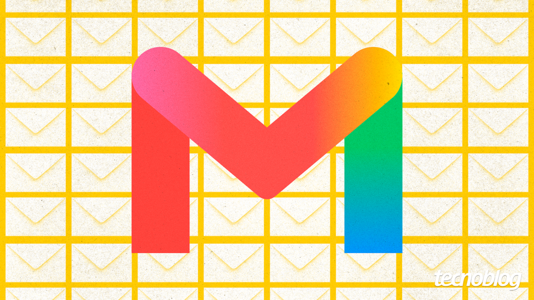 Ilustração com envelope colorido, logotipo do Gmail do Google. Na parte inferior direita, o logo do "tecnoblog" é visível.