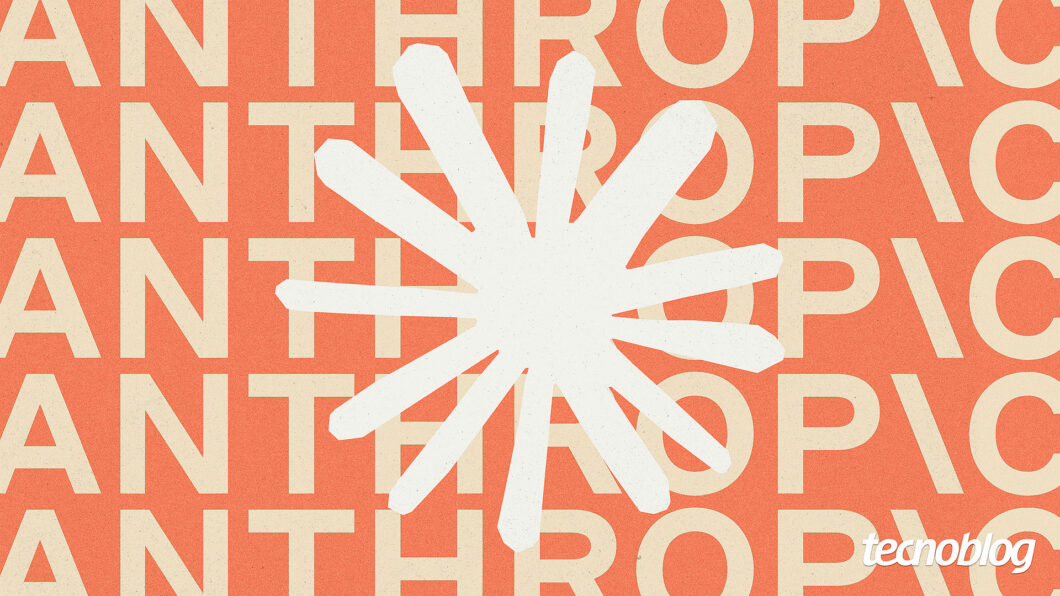 Ilustração gráfica com fundo laranja-terracota de textura levemente granulada, coberto pela palavra "ANTHROPIC" repetida várias vezes em linhas horizontais com letras maiúsculas bege-claras; no centro, sobrepondo-se ao padrão de texto, destaca-se uma estrela geométrica de múltiplos raios brancos, e o logotipo do portal "tecnoblog" no canto inferior direito em letras brancas.
