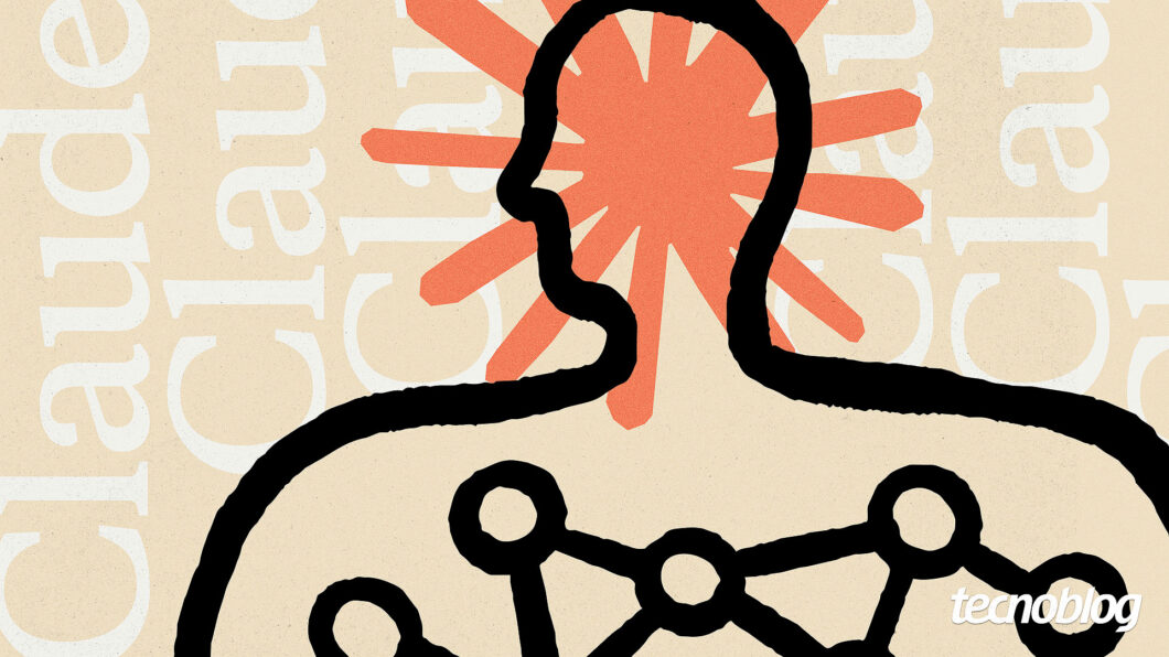 Ilustração artística em estilo conceitual sobre fundo bege, coberto pela palavra "Claude" repetida em letras brancas na vertical, mostrando no centro o contorno estilizado de uma silhueta humana preta com um diagrama de rede neural de nós e linhas pretas em seu interior, e uma explosão estelar geométrica laranja-terracota atrás de sua cabeça, com o logotipo "tecnoblog" no canto inferior direito.