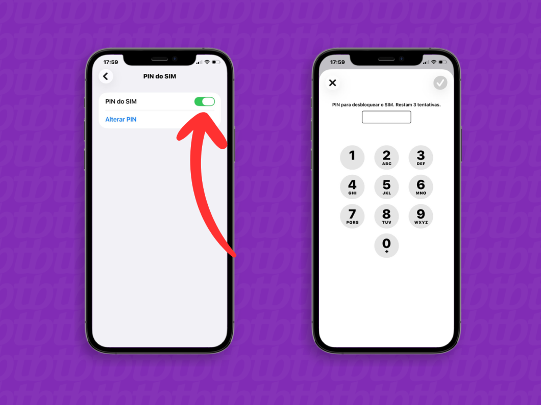 Telas do iPhone mostrando a opção “PIN do SIM” e o teclado para inserir o código e desbloquear o SIM