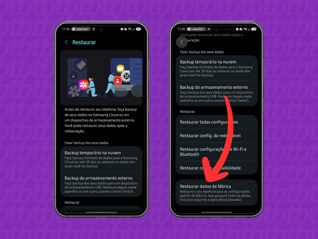Tocando em “Restaurar dados de fábrica” no menu de restaurar para limpar o celular e voltar às configurações de fábrica