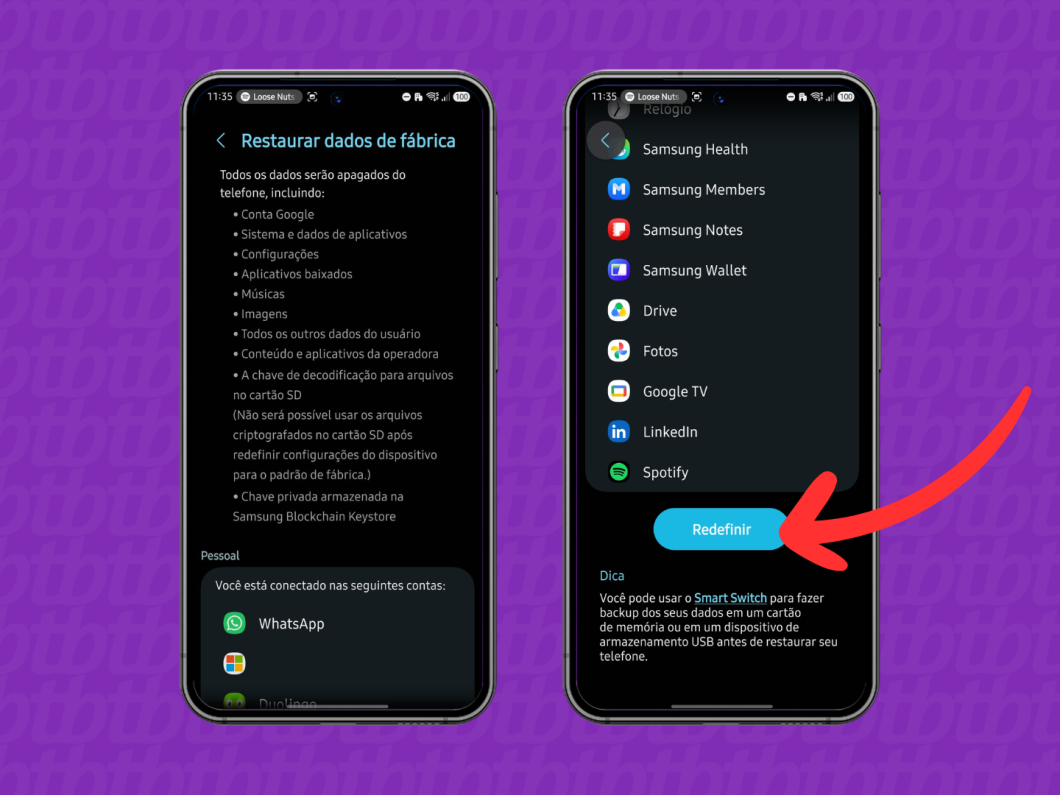 Tela “Restaurar dados de fábrica” no Android, com botão “Redefinir” para iniciar a redefinição do celular