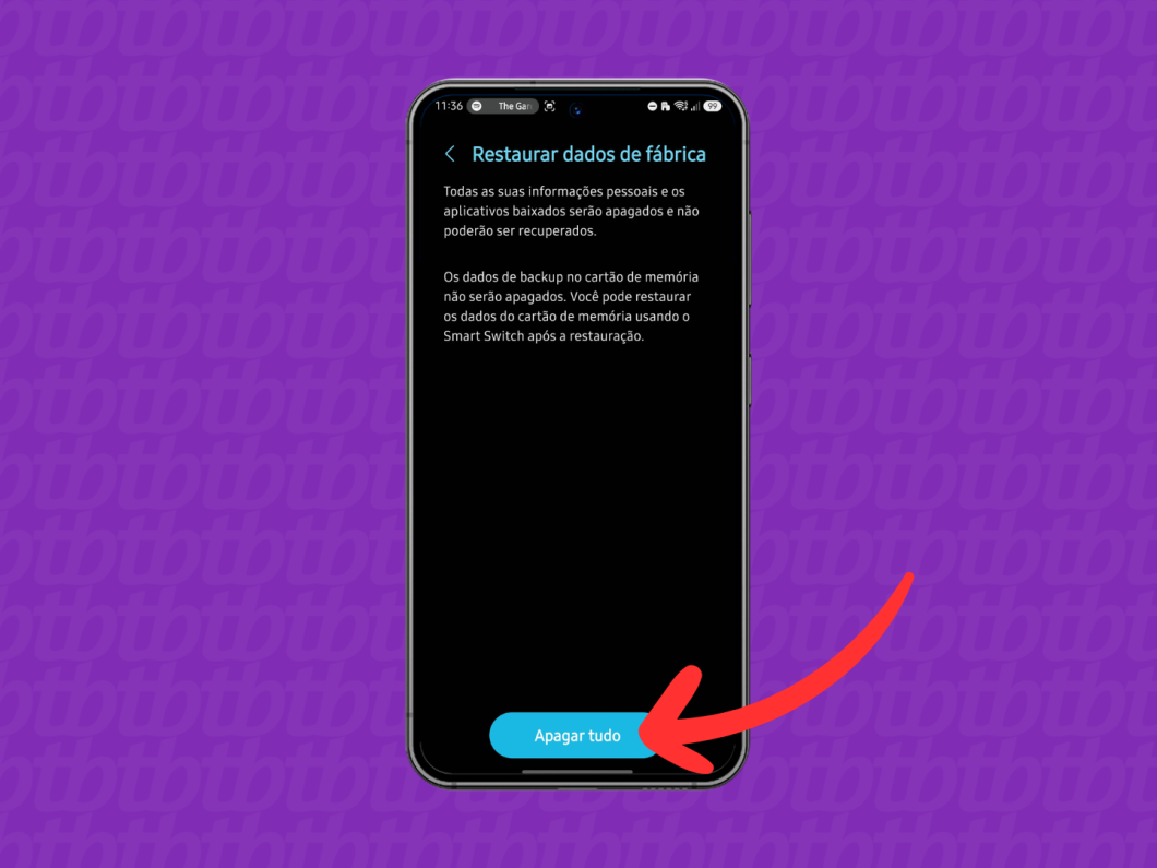 Confirmação da restauração de fábrica no Android, com o botão “Apagar tudo” selecionado