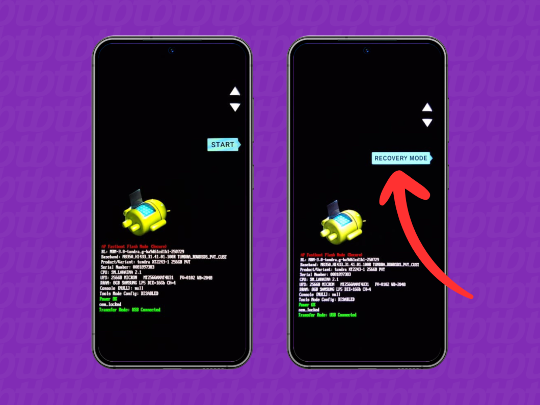 Tela do Recovery Mode selecionado no Android, indicado pela seta vermelha e a opção “RECOVERY MODE”